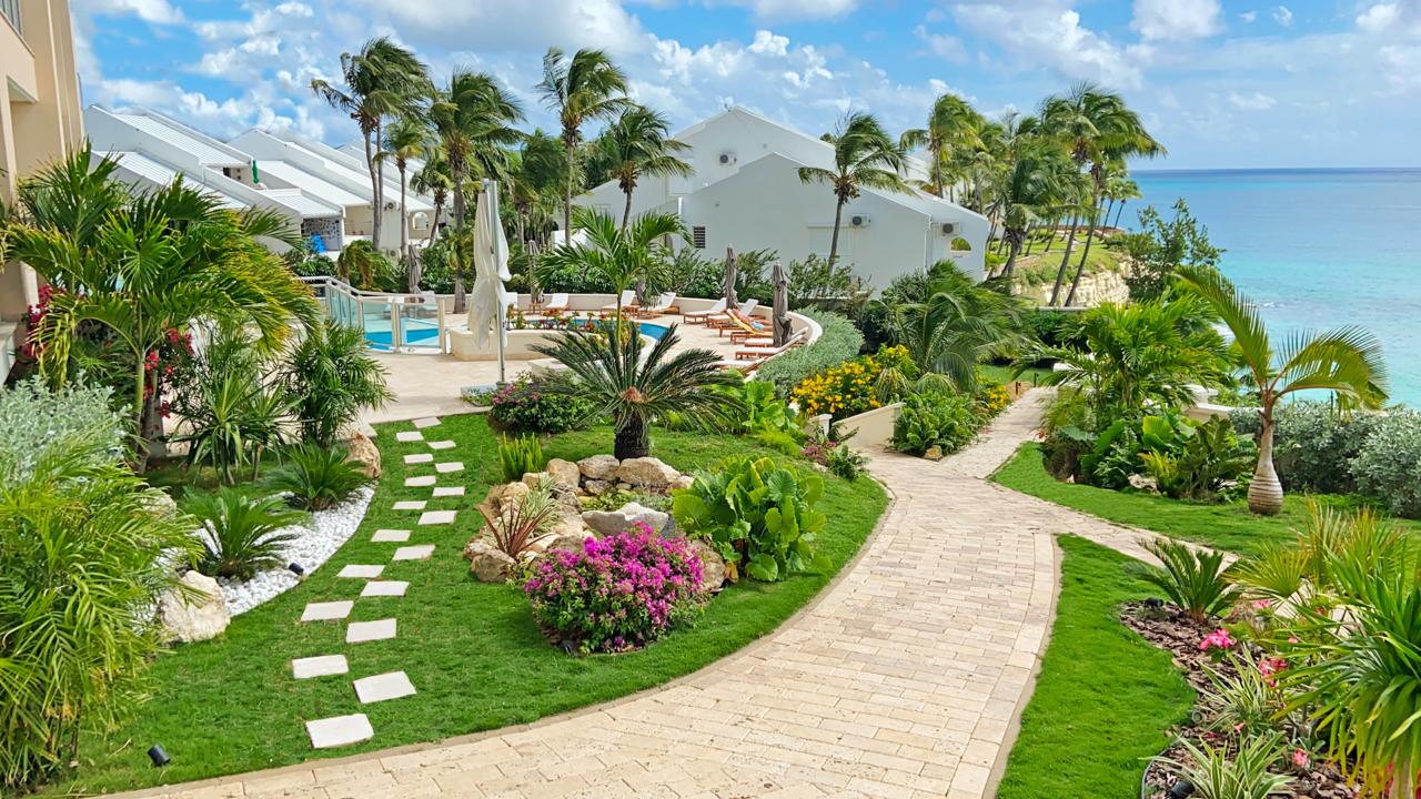 Exterior view of the grounds at the Cliff Residence featuring stone paths, a water feature with waterfall, and palm trees